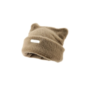 Brown fluffy knit hat with cute cat ears and a silver metal plate for women