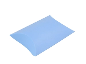 Detail view of a light blue matte pillow-shaped gift box on a clean white background