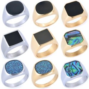 Men Signet Ring Stainless Steel Abalone Shell Black Epoxy Vintage Geometric Polished Band Jewelry Accessory