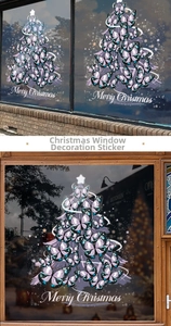Macro detail of purple butterfly Christmas tree static window stickers on glass