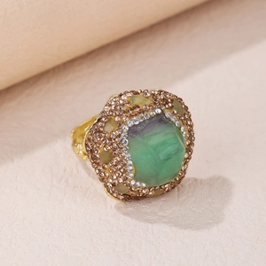 Anillo Ajustable De Piedra Bruta De Fluorita Verde Natural Gema Irregular Diamantes De Imitación Aleación Bañada En Oro Joyería Punk Mujer