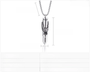 Detailed product dimensions for stainless steel bullet pendant with eagle relief