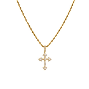 Cross pendant necklace in gold stainless steel with micro-pave cubic zirconia on rope chain