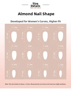 Size chart for 24pcs almond shape press-on nails showing 12 different detailed dimensions