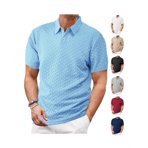 Men's short sleeve breathable polo shirt with V-shaped jacquard texture in light blue