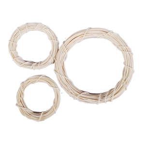 Three cream-colored Indonesian rattan wreaths for DIY Christmas crafts on white background