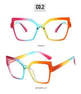 Front and 45-degree views of irregular iridescent cat-eye glasses frames in style C0.2