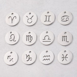 Set of 12 mirror-polished titanium steel 12mm zodiac charms with hollow-out designs