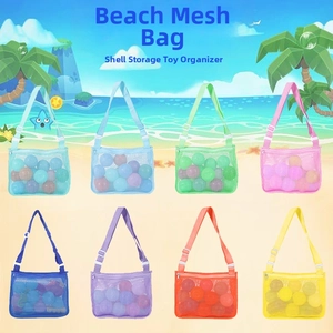 Mesh beach toy bags in 8 vibrant colors with adjustable straps and zip closure detail