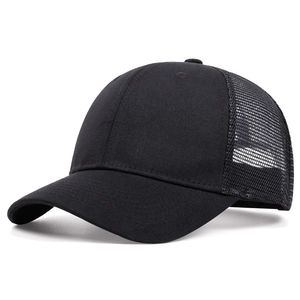 Classic black mesh trucker baseball cap shown from a professional 45-degree side angle