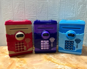 Robot-style ATM money safe with digital keypad and bill slot in three vibrant colors