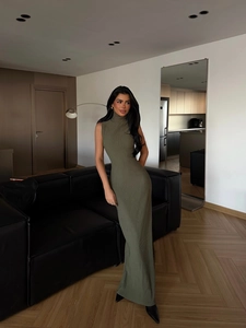 Vestido Largo Sin Mangas De Cuello Alto Estilo Francés De Punto Acanalado De Algodón Ajustado Elástico Elegante Verde Oliva Mujer