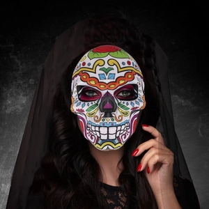 Colorful Halloween sugar skull mask for Day of the Dead with a long black lace veil