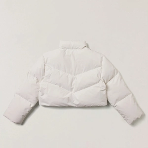 Detailed back view of white cropped down jacket featuring V-shaped quilting and stand collar