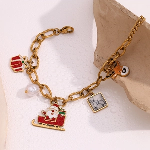 Christmas themed 18K gold plated stainless steel bracelet with Santa and elk charms