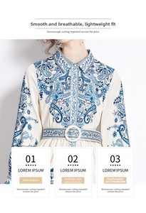 Détail de la robe midi à imprimé paisley bleu avec col boutonné et ceinture assortie