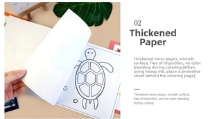 Close-up of thick smooth paper inner pages of a cartoon turtle coloring book for kids