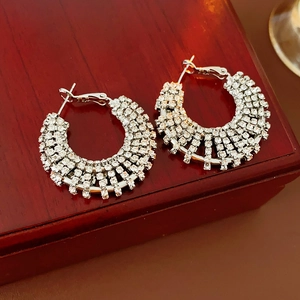 Close-up of silver-tone circular hoop earrings with sparkling rhinestones on wood