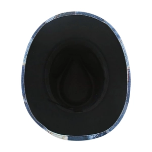 Detail view of denim cowboy hat with deep blue texture and black inner lining