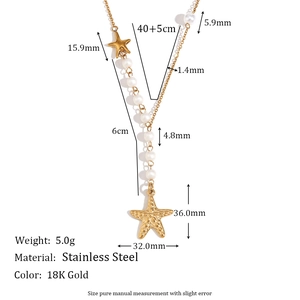 18K gold plated stainless steel starfish and pearl necklace with detailed size dimensions