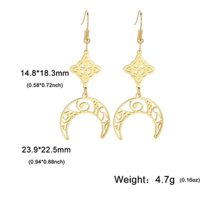 Detail view of gold moon and witch knot earrings with precise size and weight markers