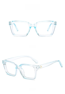 Front and 45-degree angle view of thick square blue light blocking frames with rivets