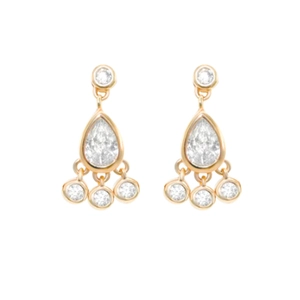 Detailed view of gold teardrop earrings with pear-cut center stone and small round diamonds