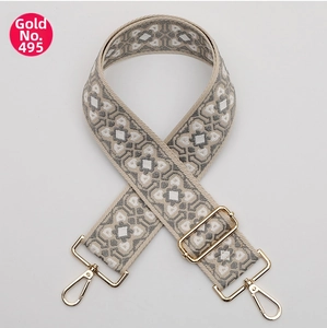 Close-up of gray geometric jacquard strap with polished gold-tone lobster clasps