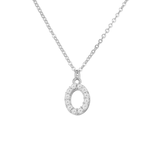 Detail of silver chain necklace featuring a pearl-inlaid letter O pendant charm
