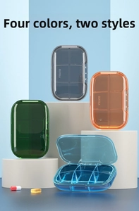 Detailed view of four portable six-compartment pill boxes in various translucent colors
