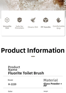 Pumice stone toilet brush specifications showing glass powder and PP materials