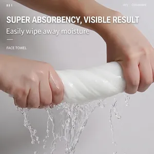 Portable disposable compressed face towel showing high absorbency with water squeezed out