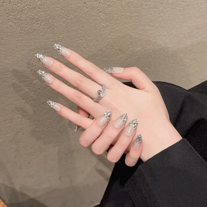 Handmade Press On Nails Nude Pink Long Almond Shape Silver Rhinestone Glitter Gradient French Style Elegant Reusable