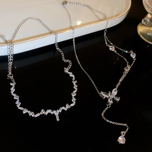 Butterfly Tassel Necklace Cubic Zirconia Inlaid Silver Tone Clavicle Chain Y-Shaped Elegant Jewelry For Women