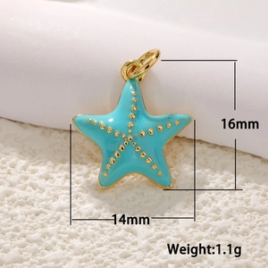 Macro shot of a blue enamel starfish pendant with gold-plated edges and dimensions