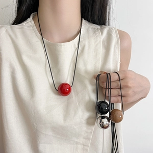 Minimalist Geometric Ball Heart Pendant Long Necklace Alloy Wood Synthetic Leather Rope Sweater Chain Jewelry For Women