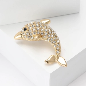 Fashionable gold dolphin brooch with sparkling rhinestones for women suits and coats