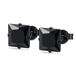 Detail of square faceted black stone earrings in stainless steel four-prong setting