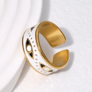 Gold evil eye open ring with white enamel and polished stainless steel finish