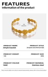Detail of adjustable gold stainless steel bracelet with geometric sunburst relief pattern