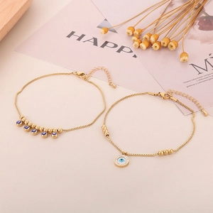 Evil Eye Anklet Titanium Steel 18K Gold Plated Blue Bead Box Chain Adjustable Foot Jewelry For Women Fashion Boho Style