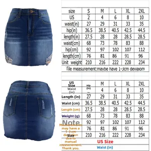 Size guide for distressed denim skirt showing measurements for waist, hip, and length