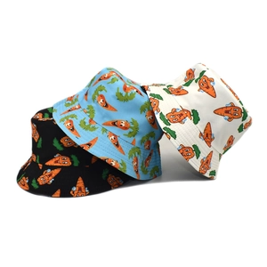 Bucket Hat Cartoon Carrot Print Cotton Polyester Sun Protection Reversible Foldable Fisherman Cap Casual Harajuku Style Unisex