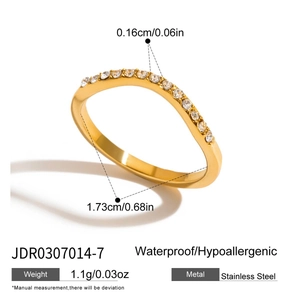 Detail showing wave design stainless steel ring with zircon inlays and dimensions