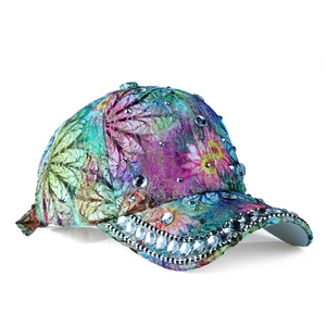 Women's floral baseball cap with colorful prints and sparkling rhinestone embellishments