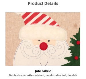Close-up of linen Christmas tree skirt with Santa embroidery and durable fabric texture