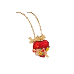 Elegant gold necklace with red enamel heart pendant and colorful floral bouquet charms