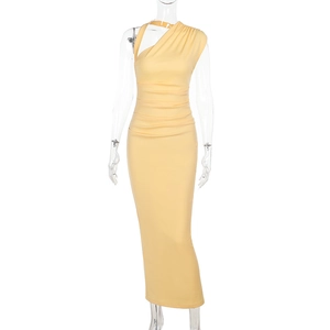 Detail of light yellow one-shoulder maxi dress with ruched waist and side pleated fabric