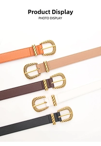 Close-up of retro engraved metal buckles on a 5-color assorted faux leather belt set