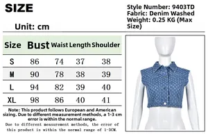 Detailed size guide table for this denim floral vest with bust and waist measurements